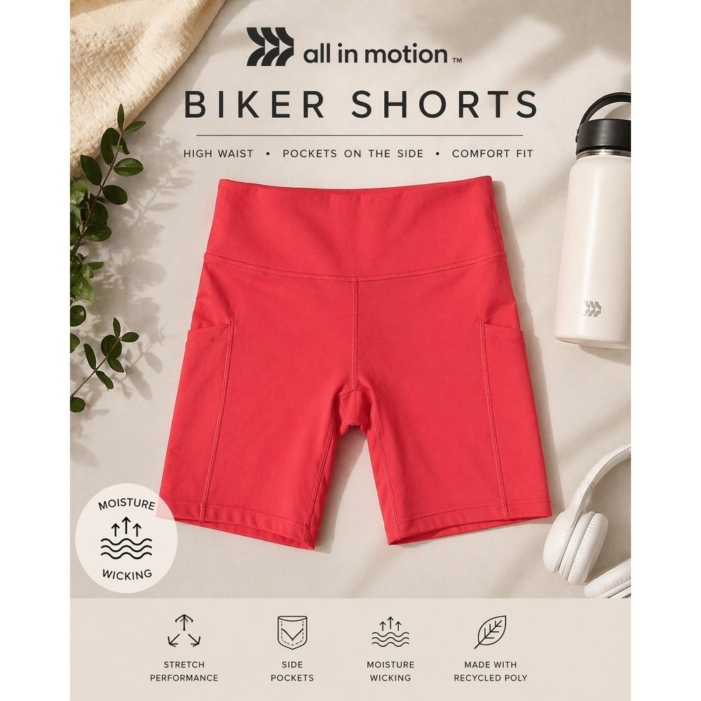 All in Motion High Rise Biker Shorts XS Coral Pink Athletic Compression Pockets